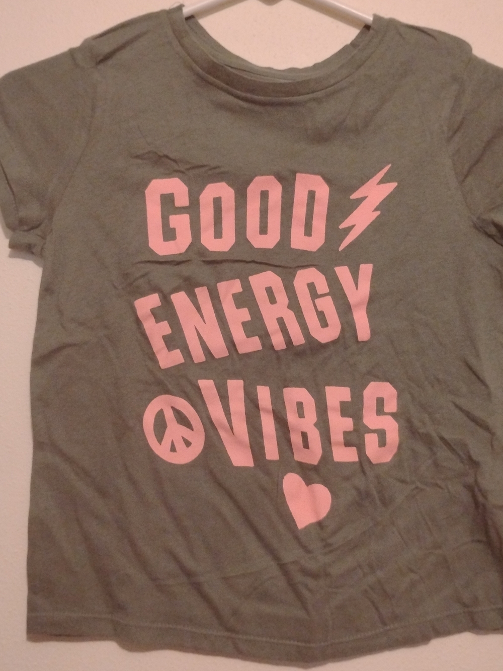 Old Navy Green Tee with Pink "Good Energy Vibes" Graphic